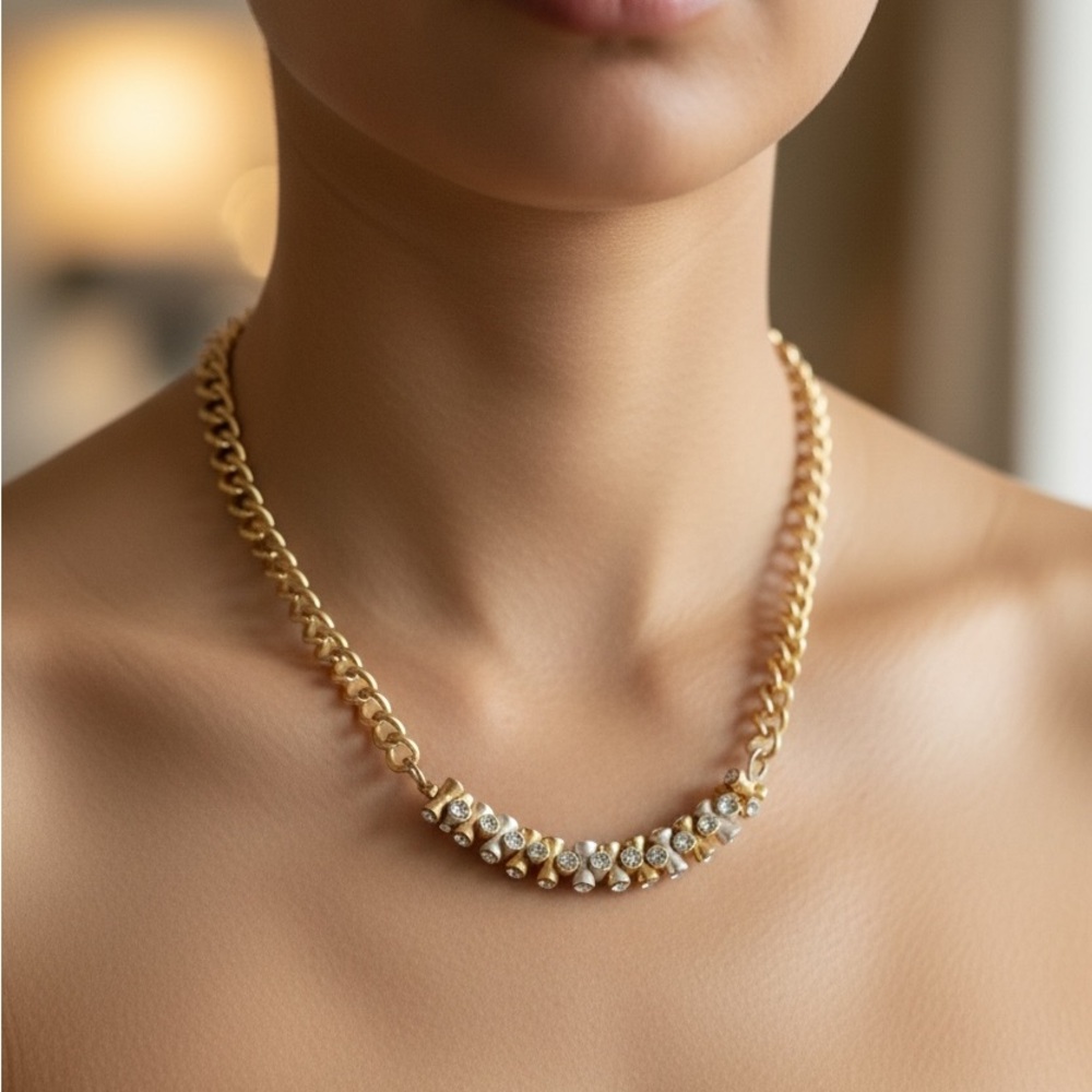 Two-Toned Gold & Silver Crystal Accent Chain Necklace for Women, NWT